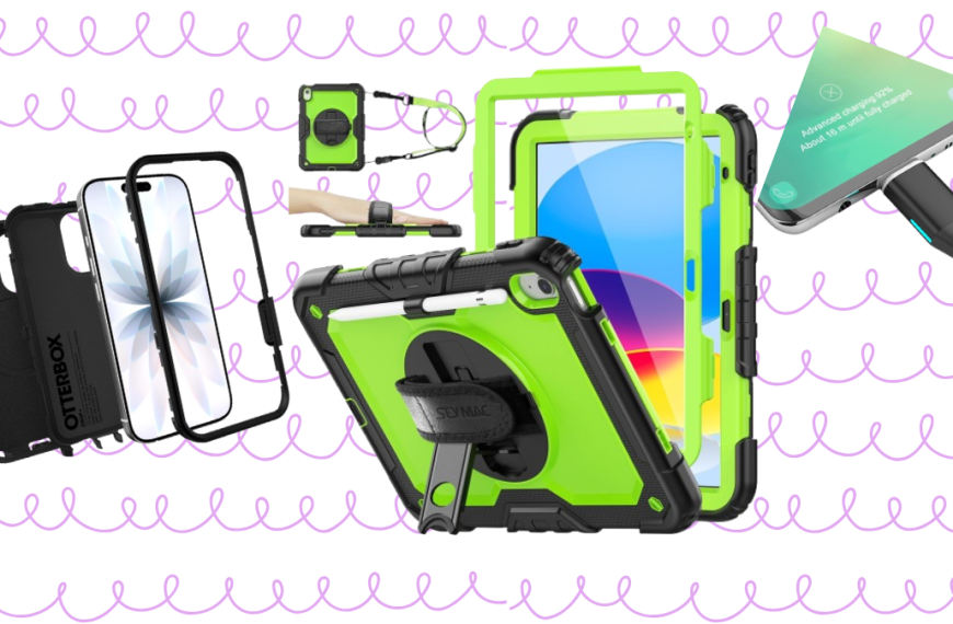 A collection of durable tech accessories featuring the OtterBox Defender Pro case, SEYMAC iPad case, Fintie Fire HD case, Anker braided cable, N. NETDOT magnetic charger, Puro Sound Labs headphones, and military-grade screen protectors.