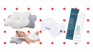 A collection of sleep improvement products featuring the DONAMA contour pillow, Coop bamboo pillowcases, Nekteck neck massager, Manta sleep mask, Cushion Lab knee pillow, ThermaCare heat wraps, and This Works pillow spray.