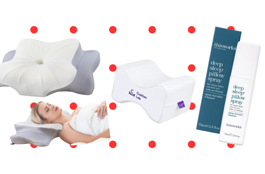 A collection of sleep improvement products featuring the DONAMA contour pillow, Coop bamboo pillowcases, Nekteck neck massager, Manta sleep mask, Cushion Lab knee pillow, ThermaCare heat wraps, and This Works pillow spray.
