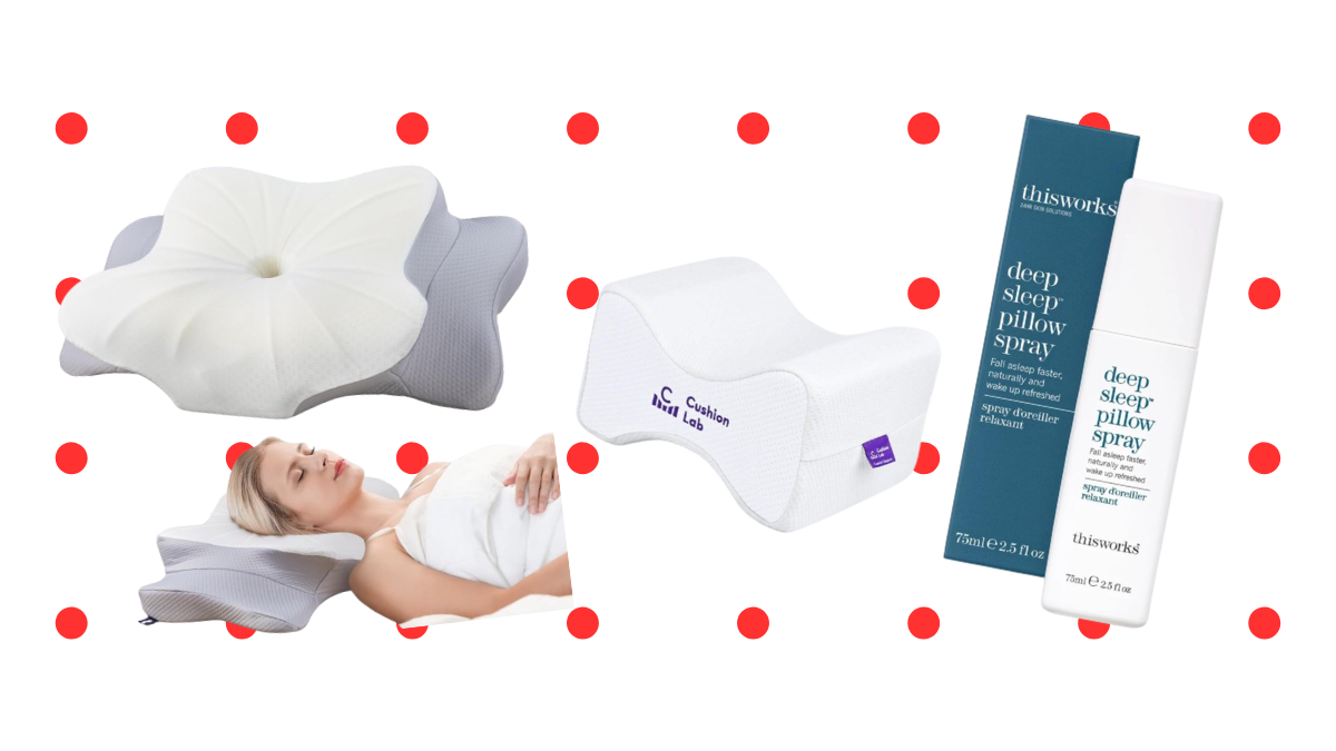A collection of sleep improvement products featuring the DONAMA contour pillow, Coop bamboo pillowcases, Nekteck neck massager, Manta sleep mask, Cushion Lab knee pillow, ThermaCare heat wraps, and This Works pillow spray.