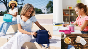 A collection of kid-friendly lunchbox essentials featuring the THERMOS FUNTAINER food jar, Bentgo Kids lunch box, PackIt freezable bag, Stasher silicone snack bag, Simple Modern water bottle, bamboo utensil set, and reusable paper sandwich bags.