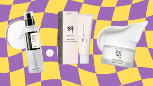 A flat lay of K-Beauty skincare products featuring the MEDITHERAPY Retinal Serum, COSRX Snail Essence, Anua Heartleaf Toner, Beauty of Joseon Dynasty Cream, Relief Sun Rice SPF, Laneige Water Sleeping Mask, and Illiyoon Ceramide Cream.