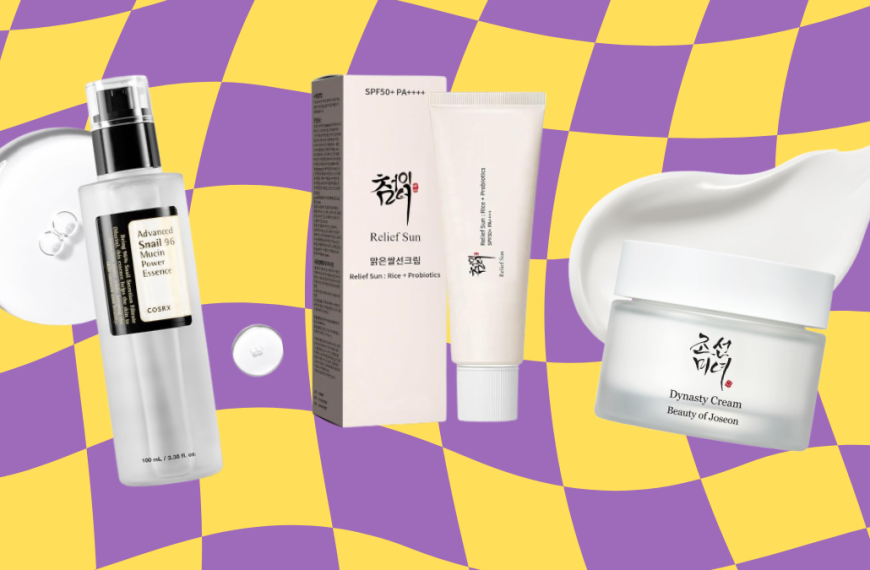 A flat lay of K-Beauty skincare products featuring the MEDITHERAPY Retinal Serum, COSRX Snail Essence, Anua Heartleaf Toner, Beauty of Joseon Dynasty Cream, Relief Sun Rice SPF, Laneige Water Sleeping Mask, and Illiyoon Ceramide Cream.