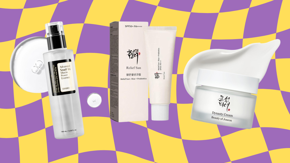 A flat lay of K-Beauty skincare products featuring the MEDITHERAPY Retinal Serum, COSRX Snail Essence, Anua Heartleaf Toner, Beauty of Joseon Dynasty Cream, Relief Sun Rice SPF, Laneige Water Sleeping Mask, and Illiyoon Ceramide Cream.
