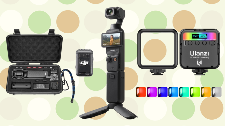 A collection of vlogging essentials featuring the DJI Osmo Pocket 3, SanDisk memory card, Anker power bank, Lekufee hard case, Ulanzi mini light, Ulanzi mini tripod, and Zeiss lens wipes.