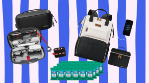 A collection of commute essentials featuring the Maelstrom laptop backpack, Anker power bank, Bentgo glass containers, Tomtoc tech pouch, Owala water bottle, Clorox wipes, and Apple AirTag.