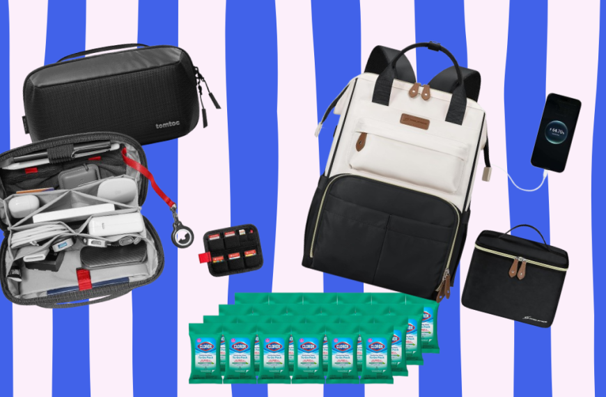 A collection of commute essentials featuring the Maelstrom laptop backpack, Anker power bank, Bentgo glass containers, Tomtoc tech pouch, Owala water bottle, Clorox wipes, and Apple AirTag.