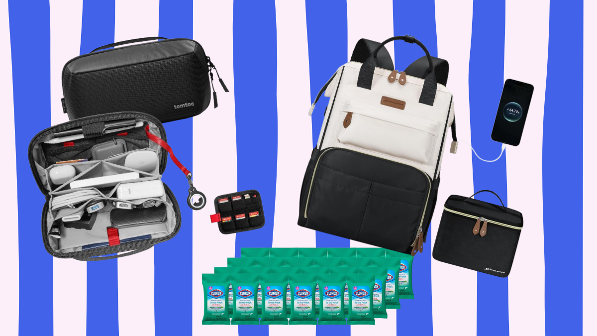 A collection of commute essentials featuring the Maelstrom laptop backpack, Anker power bank, Bentgo glass containers, Tomtoc tech pouch, Owala water bottle, Clorox wipes, and Apple AirTag.