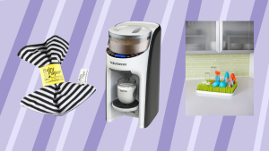A collection of newborn must-haves featuring the Hatch Baby Sound Machine, YOGASLEEP portable white noise device, Baby Brezza Formula Pro, Boon Lawn drying rack, Ubbi diaper pail, Baby Paper crinkle teether, and DOONA car seat stroller.