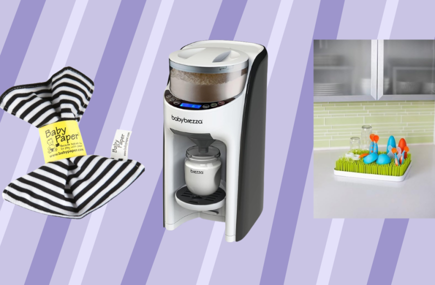 A collection of newborn must-haves featuring the Hatch Baby Sound Machine, YOGASLEEP portable white noise device, Baby Brezza Formula Pro, Boon Lawn drying rack, Ubbi diaper pail, Baby Paper crinkle teether, and DOONA car seat stroller.