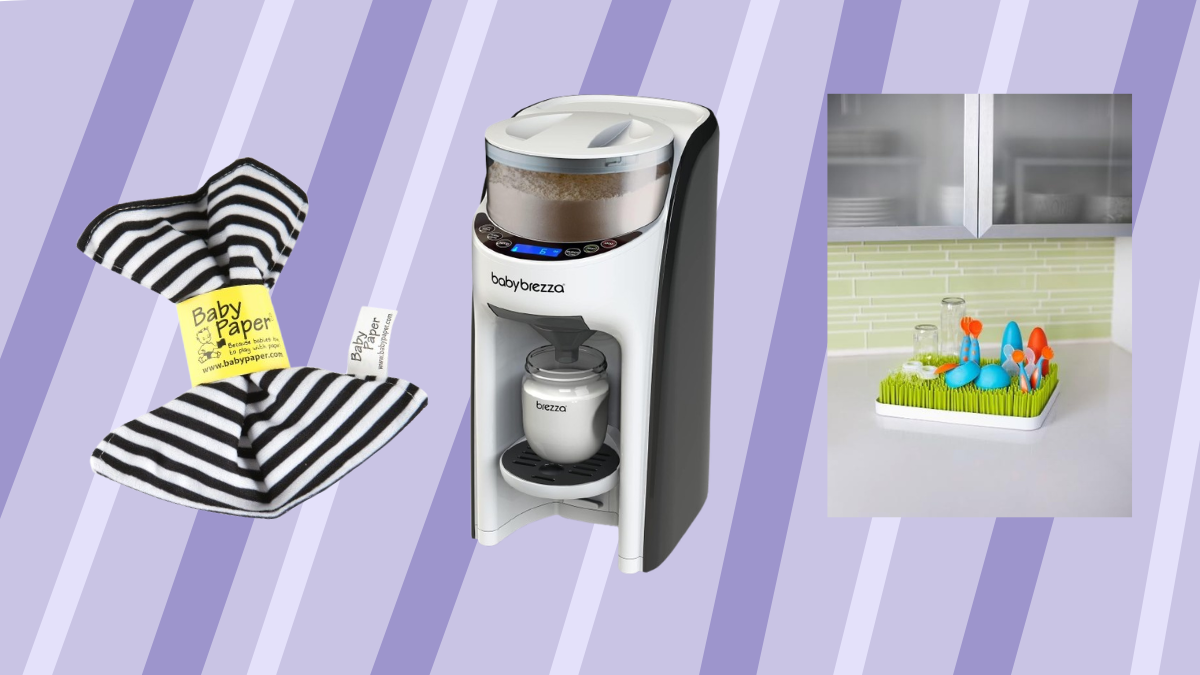 A collection of newborn must-haves featuring the Hatch Baby Sound Machine, YOGASLEEP portable white noise device, Baby Brezza Formula Pro, Boon Lawn drying rack, Ubbi diaper pail, Baby Paper crinkle teether, and DOONA car seat stroller.