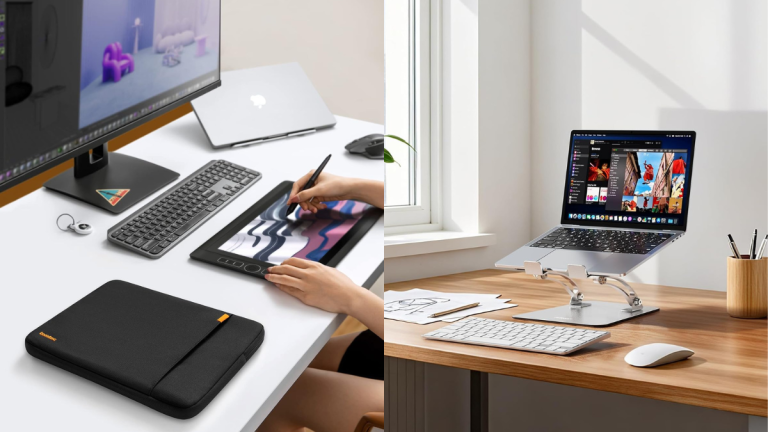 A collection of student tech essentials featuring the HP Slim Laptop, Tomtoc protective sleeve, Anker Soundcore headphones, Belkin surge protector, Nulaxy laptop stand, SanDisk USB-C flash drive, and Honeywell desk lamp.