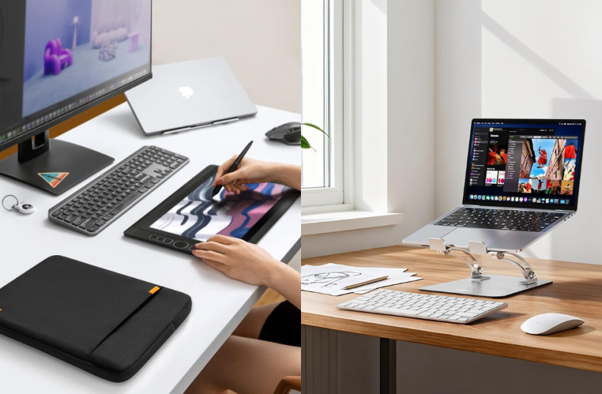 A collection of student tech essentials featuring the HP Slim Laptop, Tomtoc protective sleeve, Anker Soundcore headphones, Belkin surge protector, Nulaxy laptop stand, SanDisk USB-C flash drive, and Honeywell desk lamp.