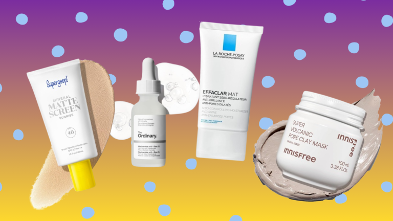 A flat lay of skincare products for oily skin featuring The Ordinary Niacinamide serum, Paula's Choice BHA exfoliator, La Roche-Posay Effaclar Mat moisturizer, CeraVe Foaming Cleanser, Innisfree Volcanic Clay Mask, COSRX Oil-Free Lotion, and Supergoop! Mattescreen sunscreen.