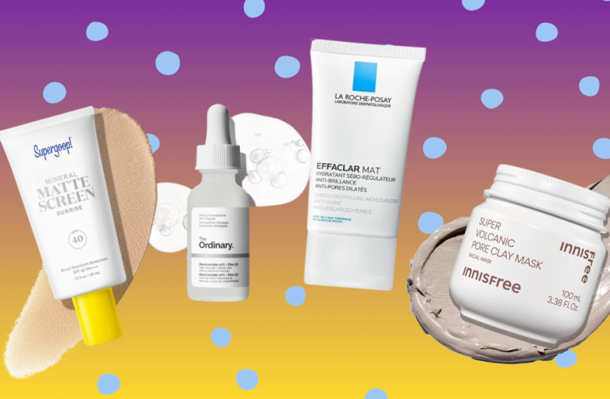 A flat lay of skincare products for oily skin featuring The Ordinary Niacinamide serum, Paula's Choice BHA exfoliator, La Roche-Posay Effaclar Mat moisturizer, CeraVe Foaming Cleanser, Innisfree Volcanic Clay Mask, COSRX Oil-Free Lotion, and Supergoop! Mattescreen sunscreen.