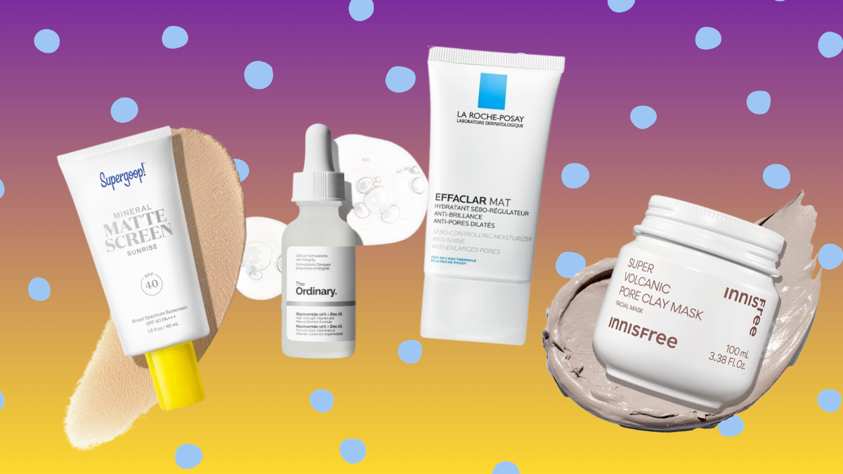 A flat lay of skincare products for oily skin featuring The Ordinary Niacinamide serum, Paula's Choice BHA exfoliator, La Roche-Posay Effaclar Mat moisturizer, CeraVe Foaming Cleanser, Innisfree Volcanic Clay Mask, COSRX Oil-Free Lotion, and Supergoop! Mattescreen sunscreen.