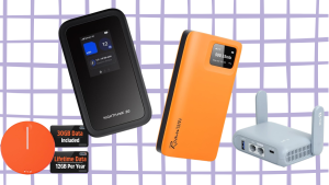 A bundle layout of portable WiFi devices featuring the black SIMO Solis Hero hotspot, the white RoamWiFi 4G LTE device, the NETGEAR Nighthawk M7 mobile hotspot, and the blue GL.iNet Beryl AX travel router.