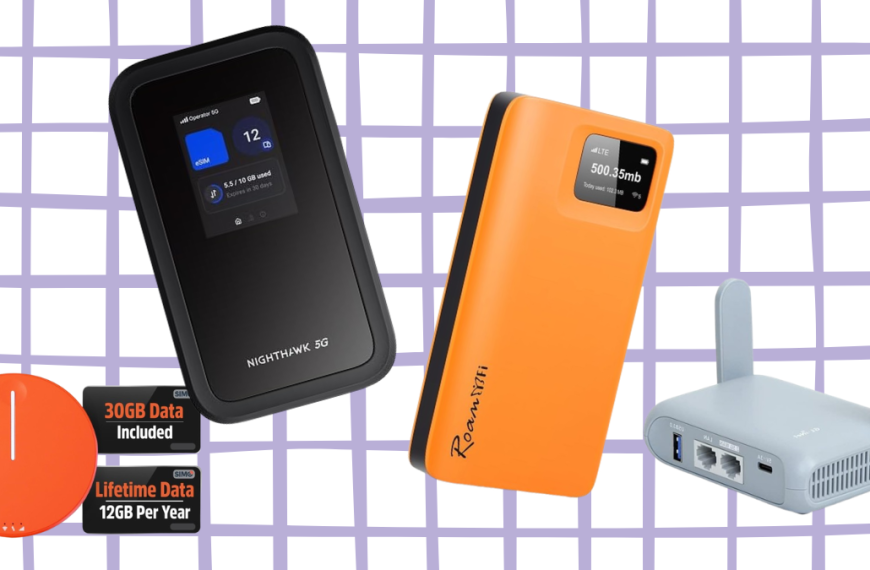A bundle layout of portable WiFi devices featuring the black SIMO Solis Hero hotspot, the white RoamWiFi 4G LTE device, the NETGEAR Nighthawk M7 mobile hotspot, and the blue GL.iNet Beryl AX travel router.