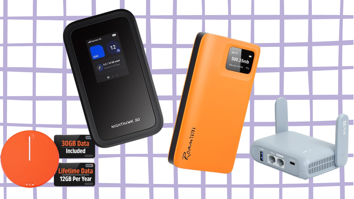 A bundle layout of portable WiFi devices featuring the black SIMO Solis Hero hotspot, the white RoamWiFi 4G LTE device, the NETGEAR Nighthawk M7 mobile hotspot, and the blue GL.iNet Beryl AX travel router.
